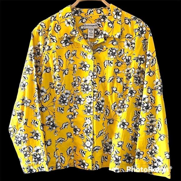 Denim Jacket Women’s size MEDIUM Yellow Black & White Floral Button Up - Picture 1 of 4